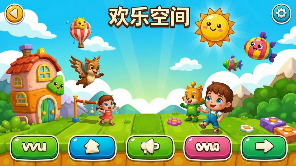 欢乐空间游戏界面截图,展示色彩丰富的卡通风格场景和多个游戏按钮