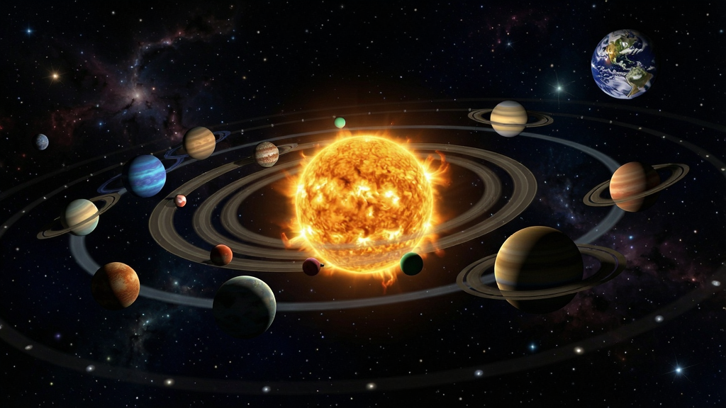 模拟太阳系3D场景,行星环绕太阳运行,星空背景
