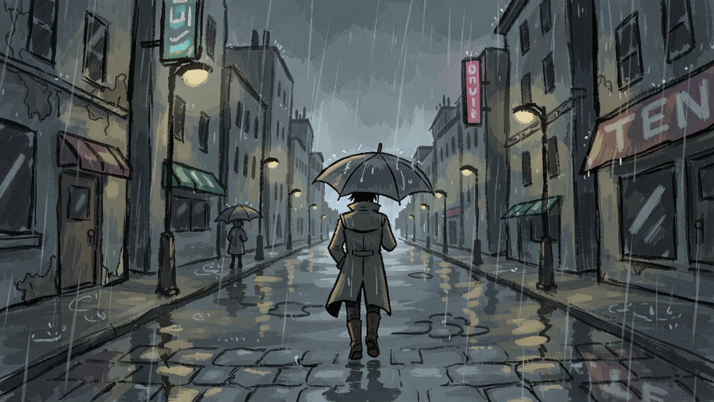 Rainswept游戏雨中街道手绘风格场景,角色撑伞行走