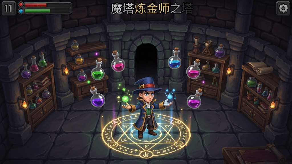 魔塔炼金师之塔游戏截图,塔楼内部场景,炼金术师角色站在魔法阵前,周围有浮游的药剂瓶和光芒