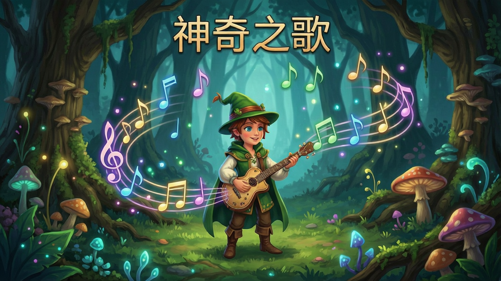 神奇之歌游戏场景,玩家在奇幻森林中演奏音符,周围漂浮着彩色音符光点