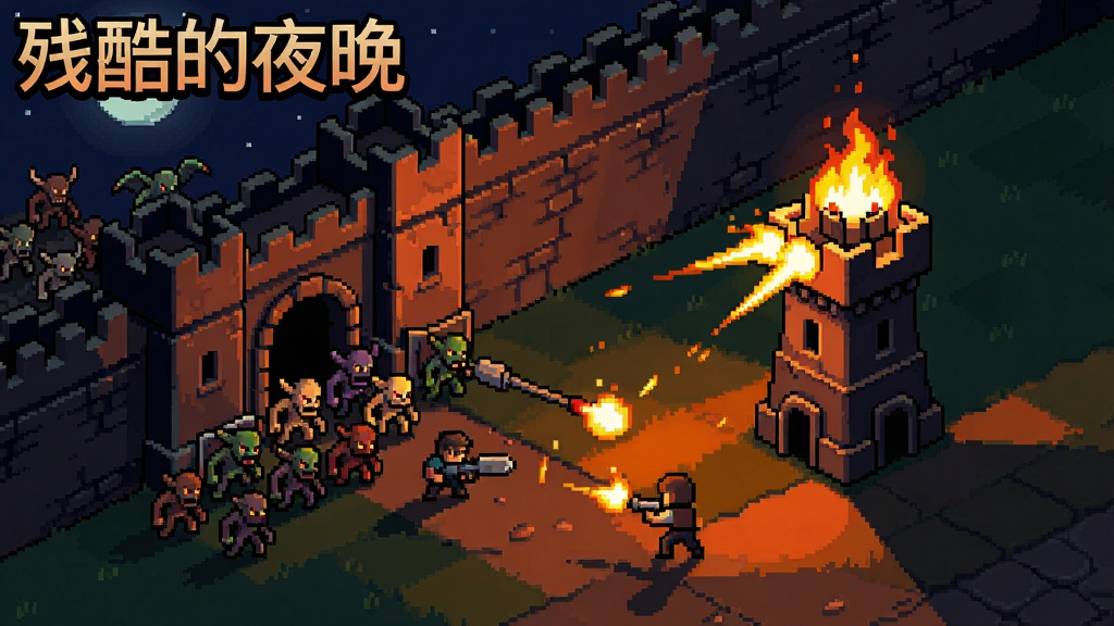 像素风格策略生存游戏《残酷的夜晚》夜晚战斗场景,城墙外怪物蜂拥而来,玩家塔防火力全开,光影效果紧张刺激