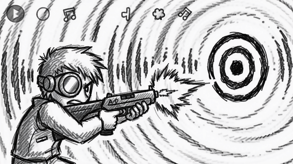 节拍射手游戏画面,素描风格,角色随着音乐节拍射击目标,背景充满旋转的音波纹理