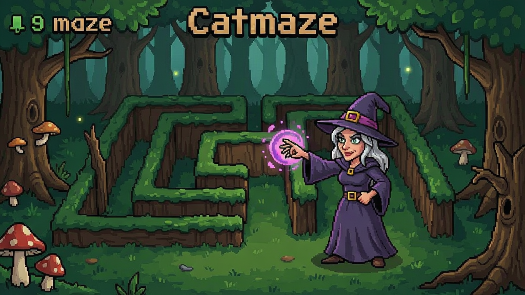 Catmaze游戏场景截图,女巫在森林迷宫中使用魔法