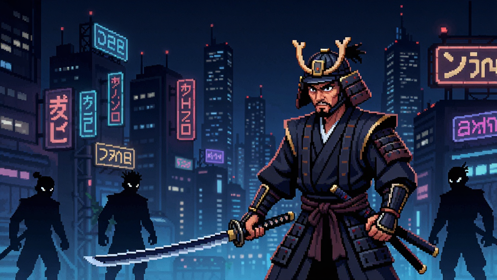 像素风格赛博朋克城市夜景,一名武士持刀站在霓虹灯下,身后是闪烁的招牌和敌人影子