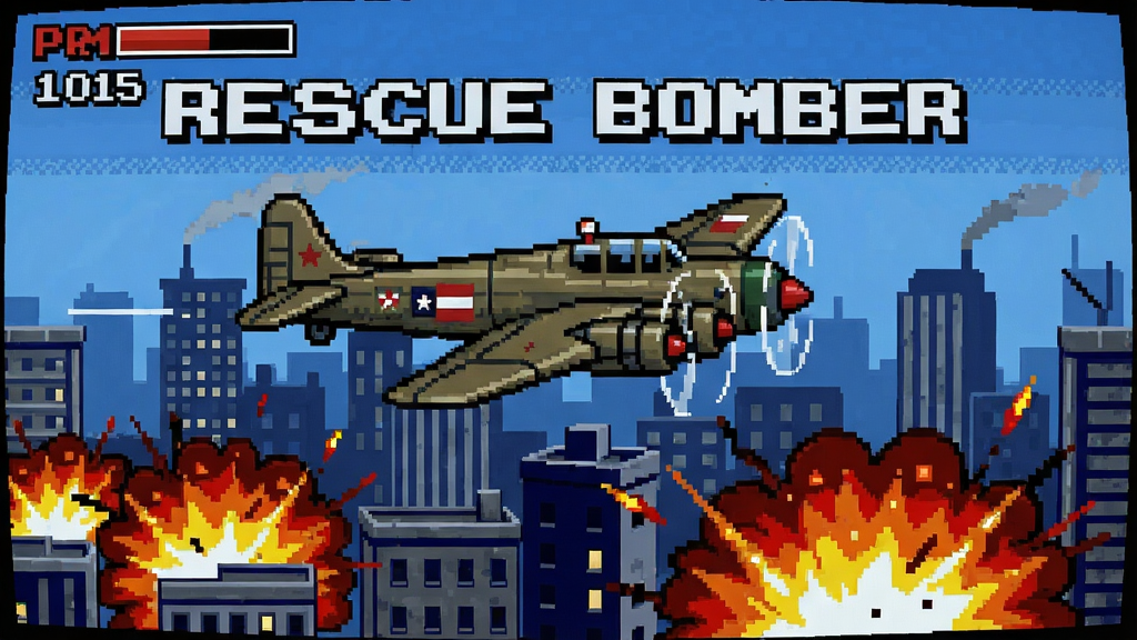 Rescue Bomber游戏画面截图,复古像素风格,轰炸机在城市上空飞行,下方有火焰和爆炸效果