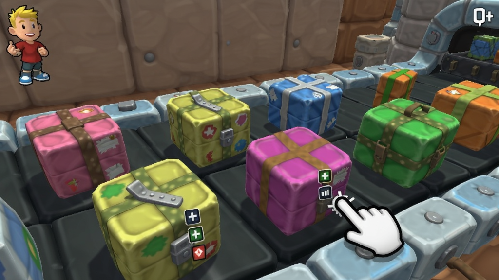 一张展示游戏内包裹分类场景的卡通截图,多种颜色包裹在传送带上,玩家鼠标拖拽