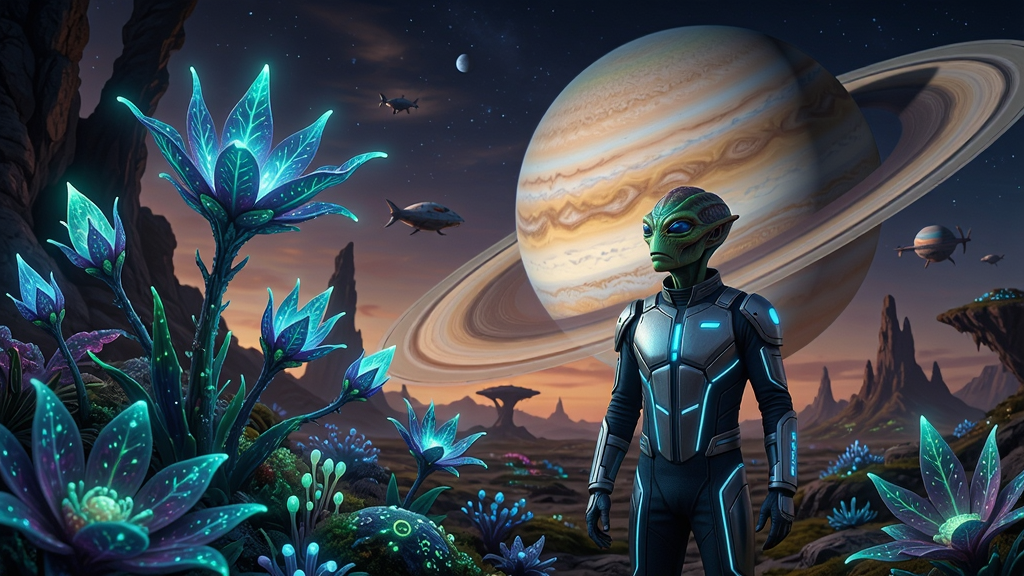 阿尔法星球的奇幻外星世界场景,主角站在发光植物旁,远处有巨大的行星
