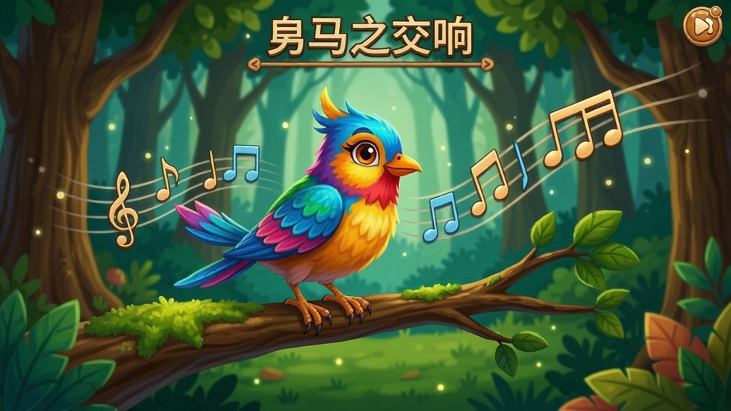 鸟之交响游戏界面,展示一只彩色小鸟站在树枝上,背景是森林,音符飘动