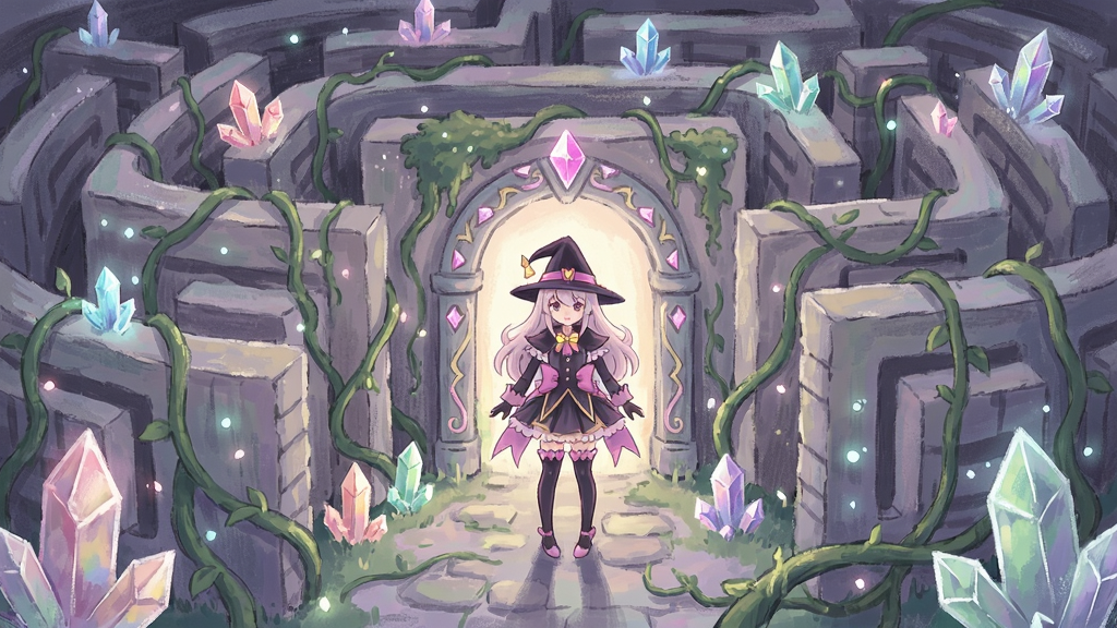 魔女迷宫游戏场景,魔法少女站在迷宫入口,周围布满藤蔓和发光水晶,手绘风格,色彩柔和