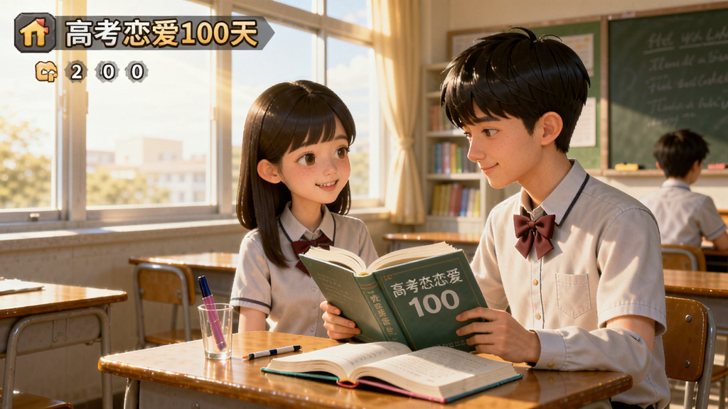 高考恋爱100天游戏画面,男女主角在教室里复习课本,形成温馨的恋爱场景