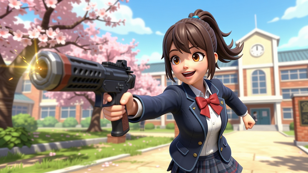 少女射击2游戏角色在校园中开心奔跑的场景,背景有樱花树和教学楼,色彩明亮卡通风格
