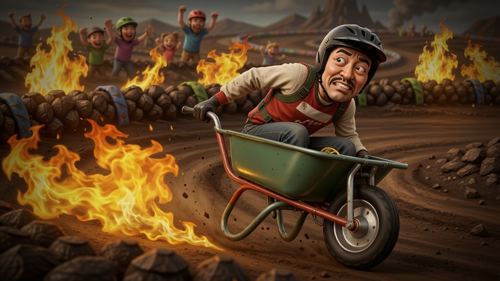 一辆独轮车在充满陉套和火焰的赛道上绕过障碍,车手做出百姓表情