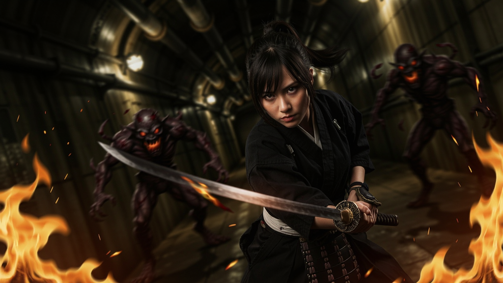 少女武士在黑暗地下铁通道中挥舞太刀,周围闪烁火光与怪物残影,充满动感与紧张氛围的场景