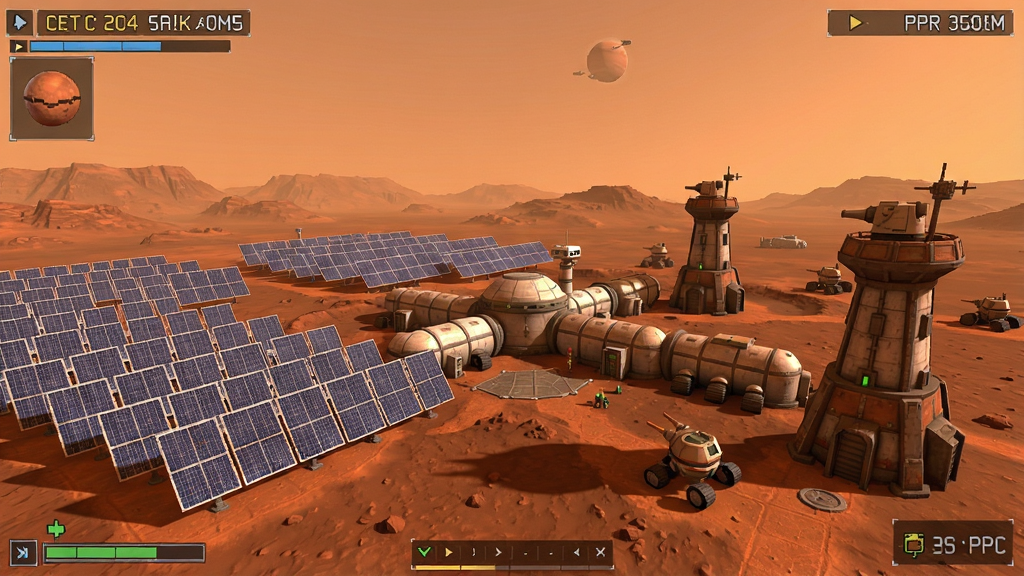 火星或死游戏截图,火星基地全景,太阳能板阵列和防御塔错落有致