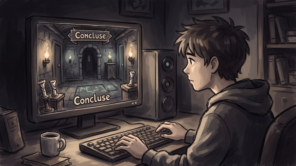 一位玩家在昏暗的房间中对着电脑屏幕,屏幕上显示Concluse游戏画面,充满神秘感的解谜场景,手绘风格,柔和光线
