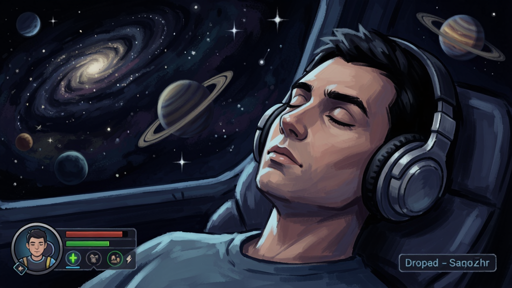 一位用户闭着眼睛耳机在宇宙星空场景下深度休眠的画面,显示游戏UI控件