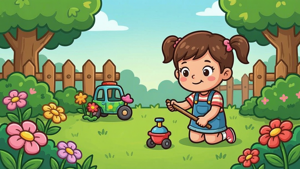 幼女模拟器游戏场景,卡通风格小女孩在花园中玩耍