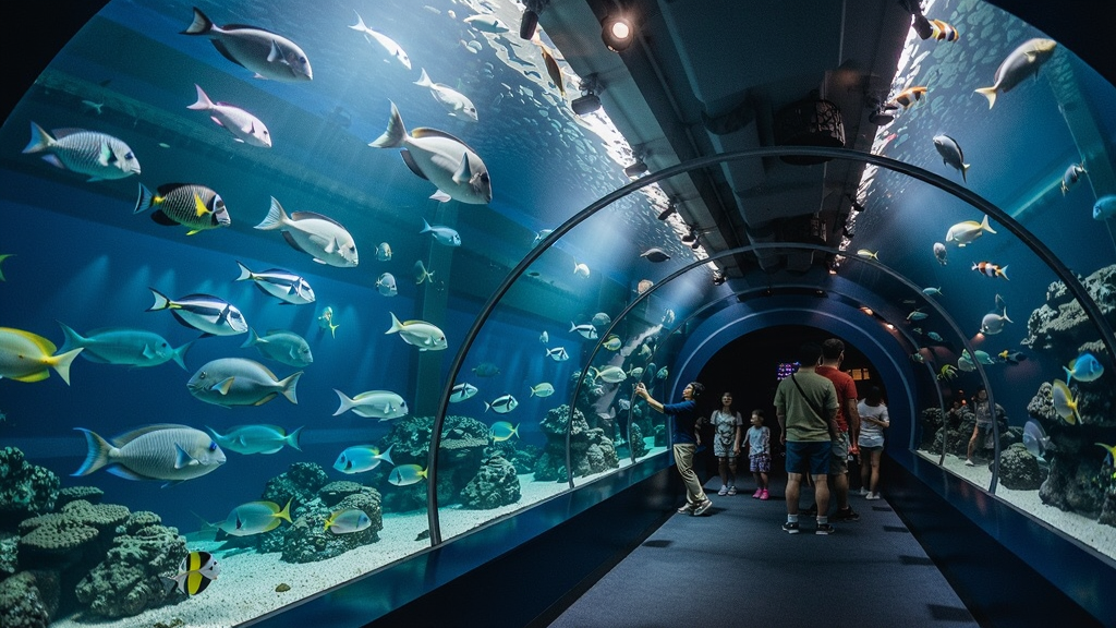 一座大型水族馆内部场景,玻璃水箱里游动着各种色彩的鱼类,游客在透明隧道中观赏,灯光柔和,充满海洋氛围