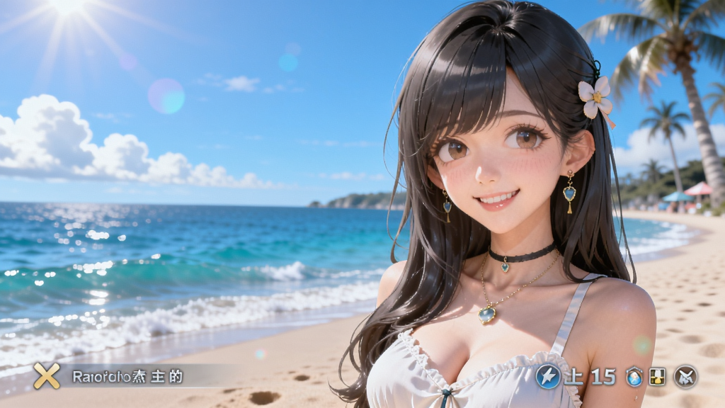 游戏主界面中女主角在海边微笑的场景,夏日阳光、沙滩、蔚蓝天空,色彩明亮浪漫