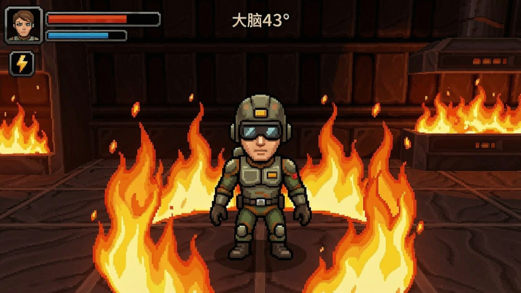 大脑43度游戏中角色在高温状态下周围出现火焰特效的截图场景