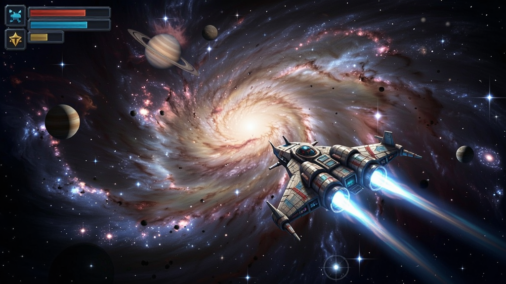 庞大星系游戏截图,飞船在星云中飞行