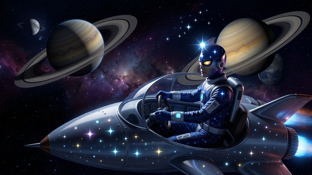 星光人在宇宙中驾驶飞船的纾丽场景,星光闪烁,星球环绕