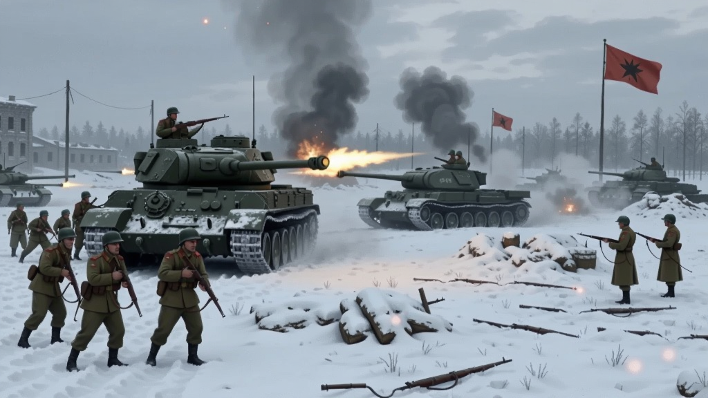 激战莫斯科战场场景,士兵和坦克在雪地中作战