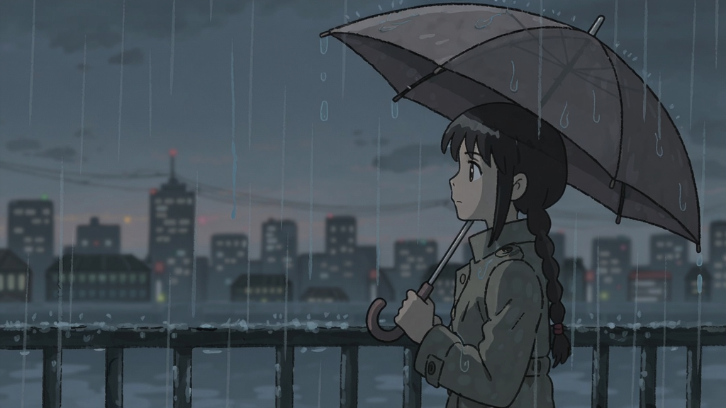 触不到的你游戏场景,手绘风格,主角站在雨中举着伞,远处有模糊的城市剪影,色调忧郁