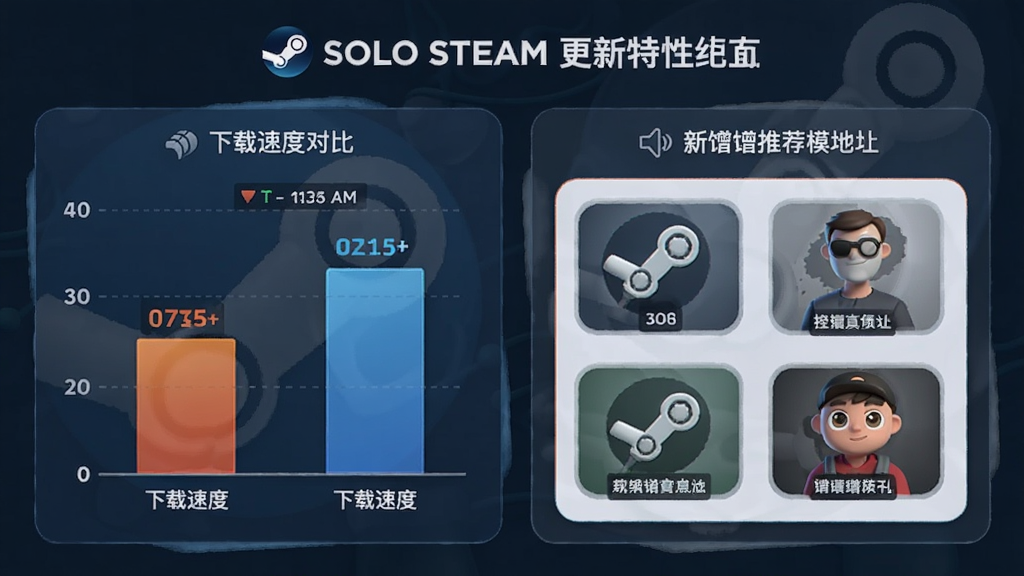 Solo Steam更新特性图,展示下载速度对比和新增推荐模块