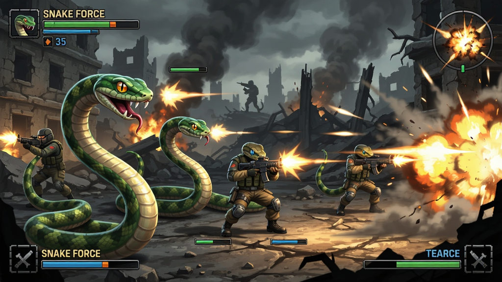 蛇形武装SNAKE FORCE游戏截图,展示蛇形小队在废墟战场上激烈交火,画面充满动态光影和爆炸特效