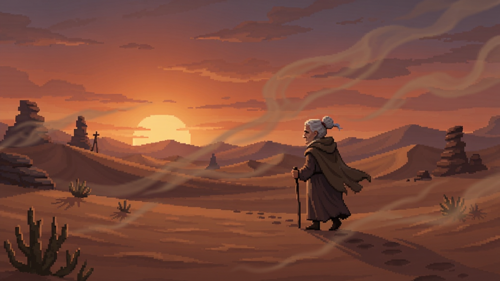 寂静的风游戏场景,一位老妇人在沙漠中独自行走,夕阳余晖