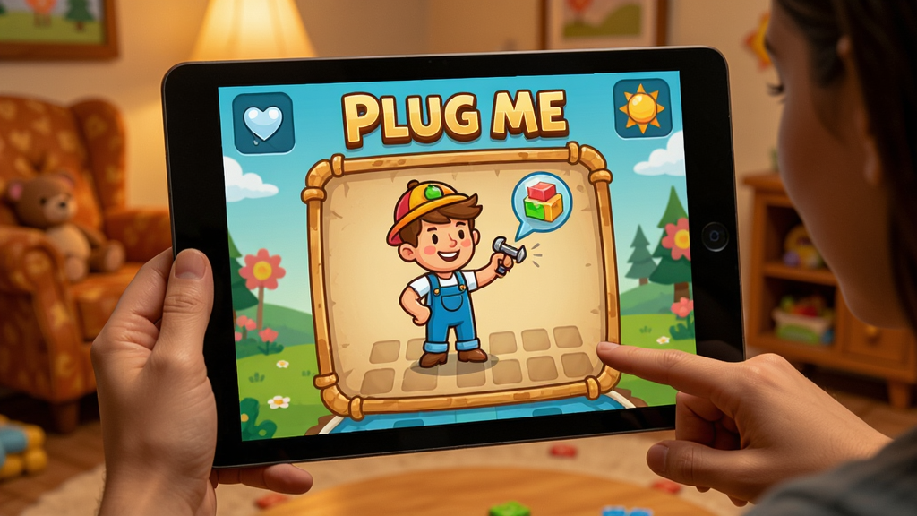一个玩家正在玩Plug Me游戏,屏幕上显示游戏画面,人物角色正在完成一个有趣的任务,背景色彩温馨