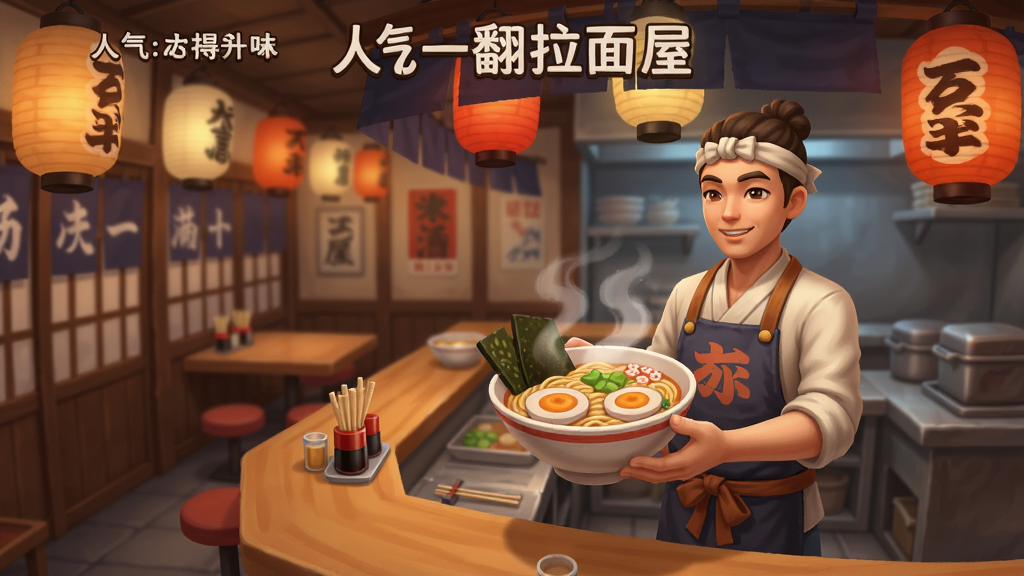 人气一翻拉面屋游戏内拉面店店铺装修场景,饰满灯笼,店员穿着日式围裙端着热气腾腾的拉面