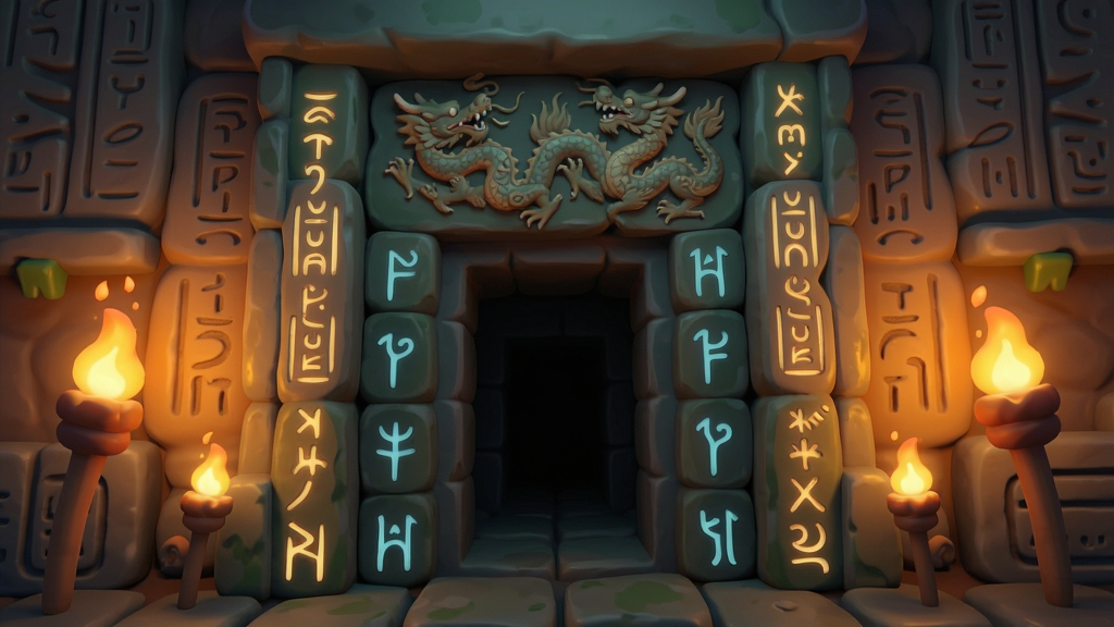 一个古代古墓入口,石门上刻有龙纹和神秘符号,周围是萌萌的火把光芒