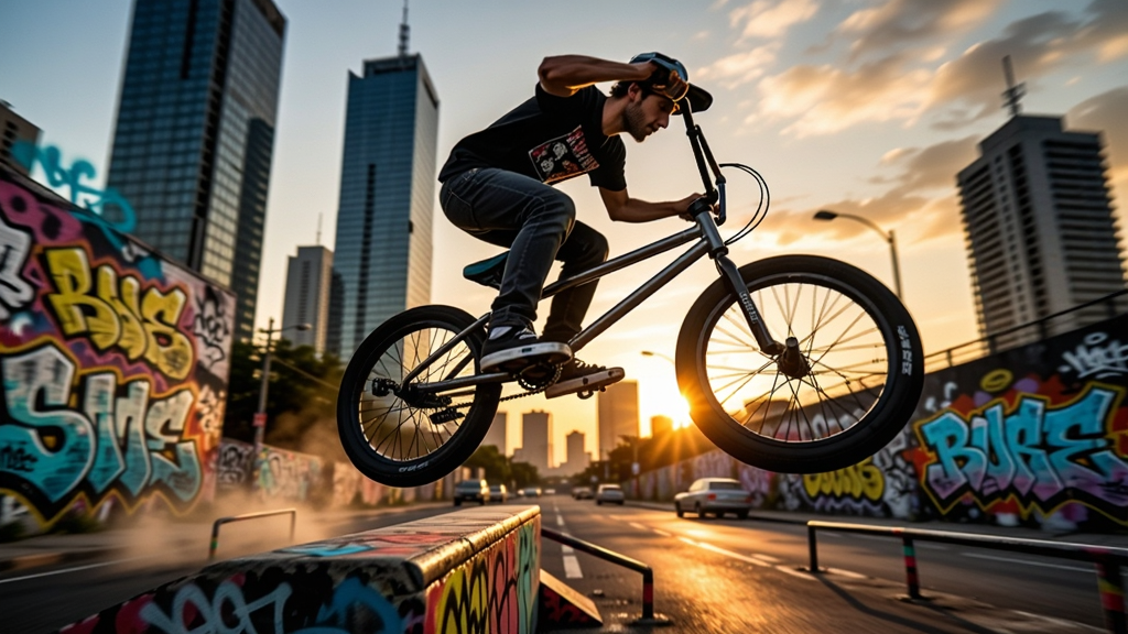 һ��BMX���г��ڳ���Ϳѻ�ĳ��нֵ��Ϸ�Ծ�ϰ��������Ǹ�¥��Ϧ��