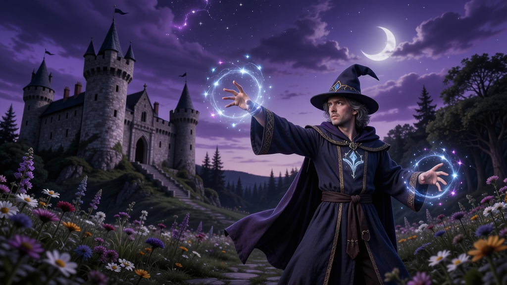 一个魔法师在紫色夜空下施展强大的魔法,周围是古老的城堡和花草森林