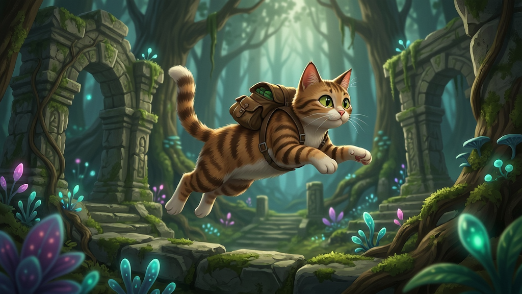 猫咪主角在森林中跳跃探险的场景,周围有古老建筑和发光植物