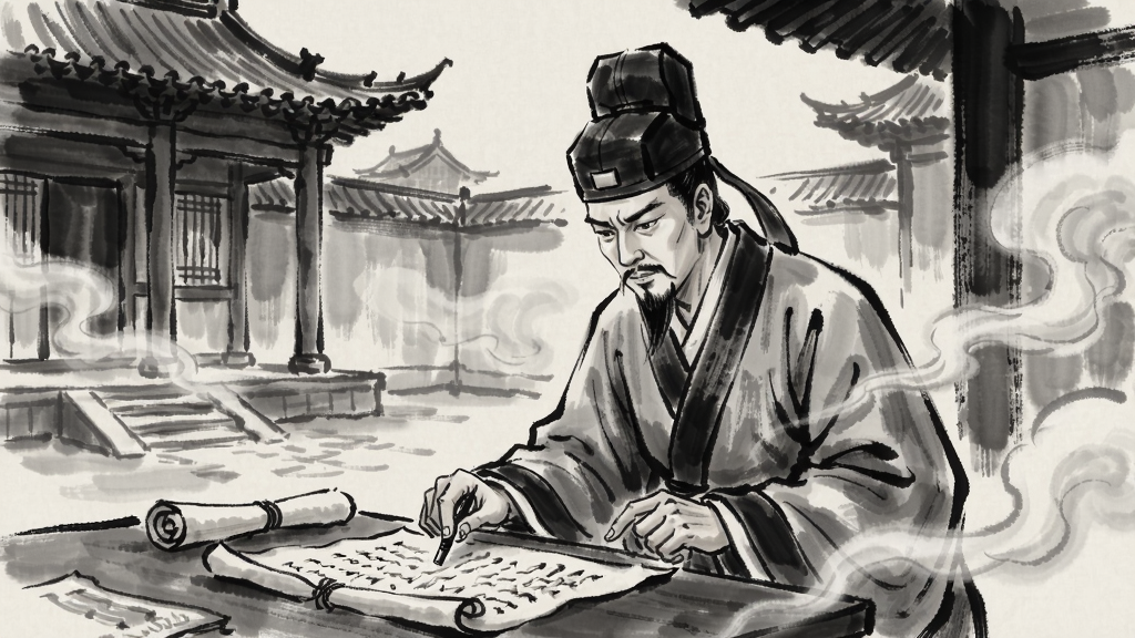 狄仁杰在古风庭院中寻找线索的场景,手绘风格,烟雾缭绕