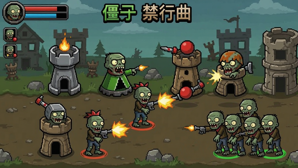 僵尸禁行曲游戏截图,展示多种防御塔和僵尸进攻场景