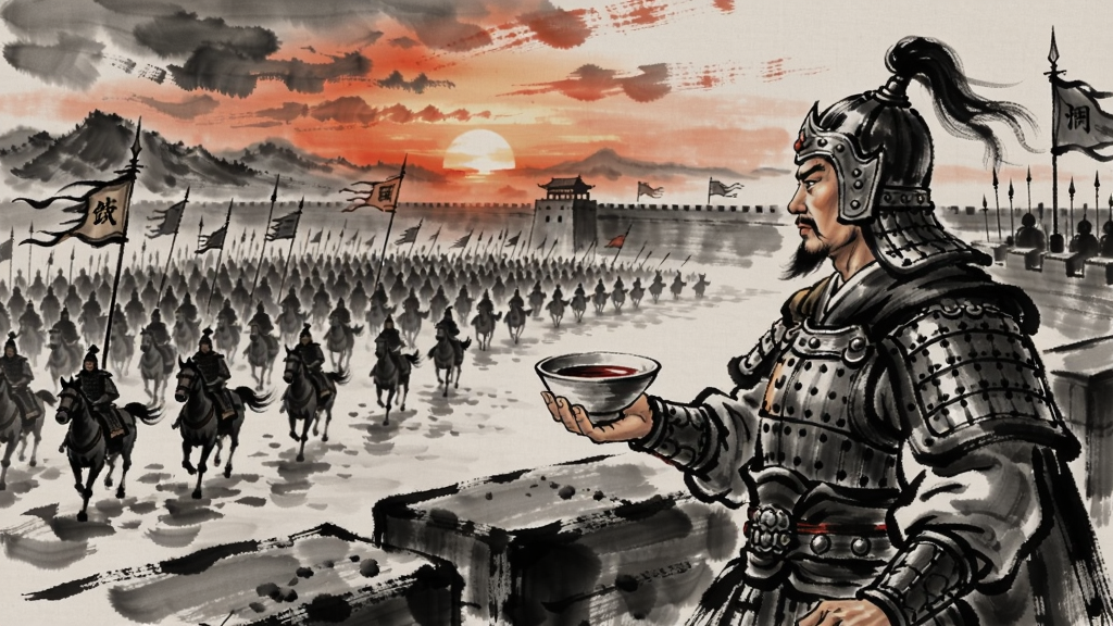 水墨风格的古代战场,将领站在城墙上远眺,手中握着一碗酒,远处千军万马奔腾,夕阳染红天际,整体氛围苍凉而壮阔