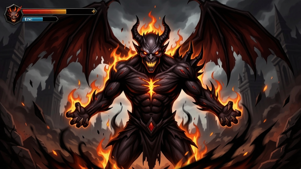 恶魔变形游戏主角变身恶魔形态的震撼场景,火焰与暗影环绕