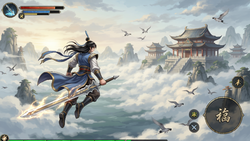 仙侠风格的游戏场景截图,主角御剑飞行在云海之上,远处有古风建筑
