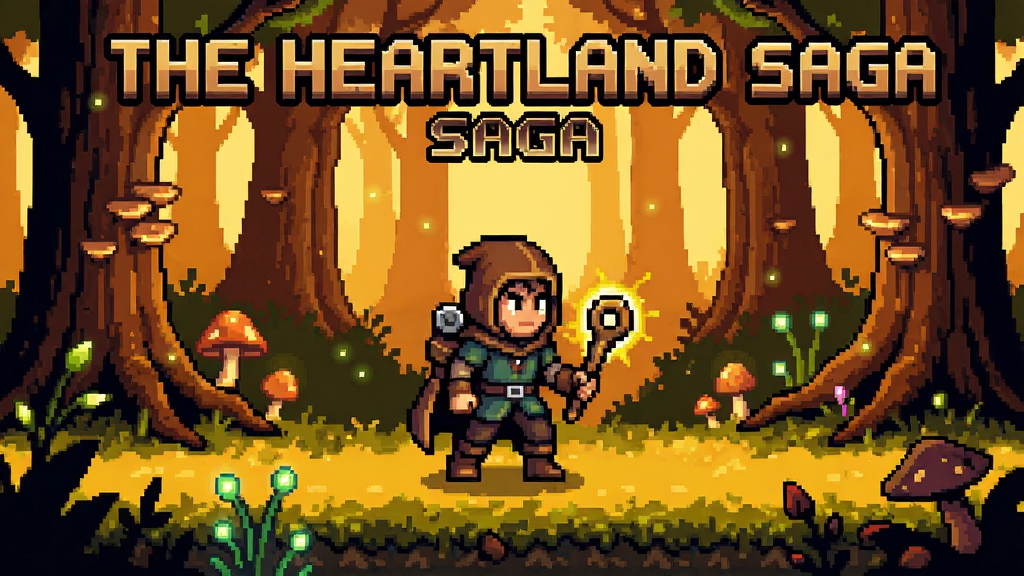 《The Heartland Saga》游戏主角在魔法森林中探险的绘画场景,像素风格温暖色调