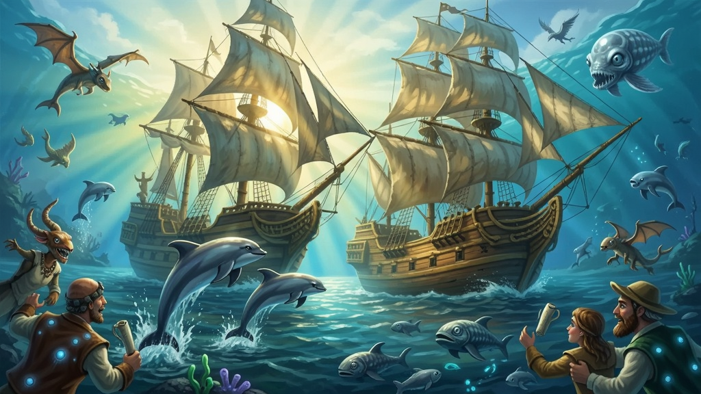 奇幻海洋世界的航海场景,阳光照耀下的帆船,海豚跳出水面