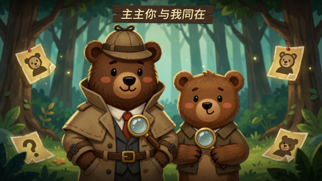 侦探熊与我同在主界面,森林中侦探和小熊并肩站立的温馨场景,周围散落着发光线索