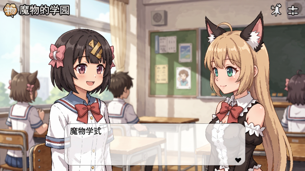 魔物娘学园游戏截图,一位学生与猫耳魔物娘在教室中对话,画面明亮温馨,充满校园气息