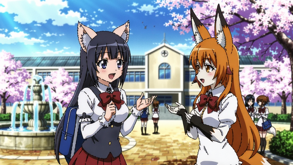魔物娘学园校园场景,阳光明媚的午后,猫娘和狐娘在樱花树下聊天,周围有喷泉和教学楼,色彩鲜艳,日式动漫风格