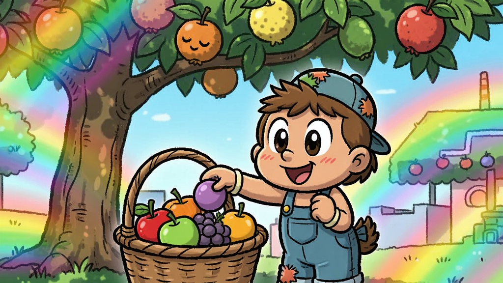 卡啼卡啼在水果树下往篮子里放水果,周围是彩虹色的漫画场景