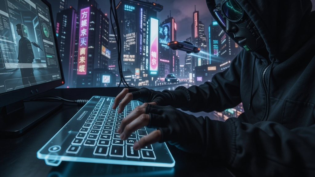 赛博朋克黑客在霓虹闪烁的虚拟城市中穿梭,手指敲击全息键盘的奇幻场景